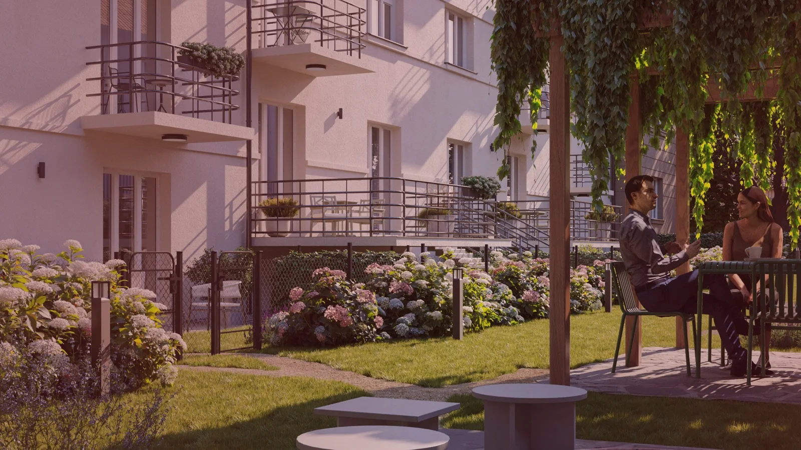 Žít Braník visualisation: a garden with a pergola between the houses