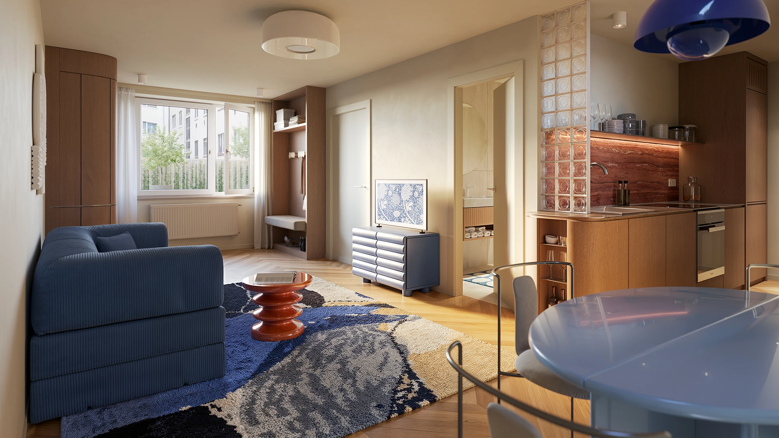 Bright living room with a sofa and a French window