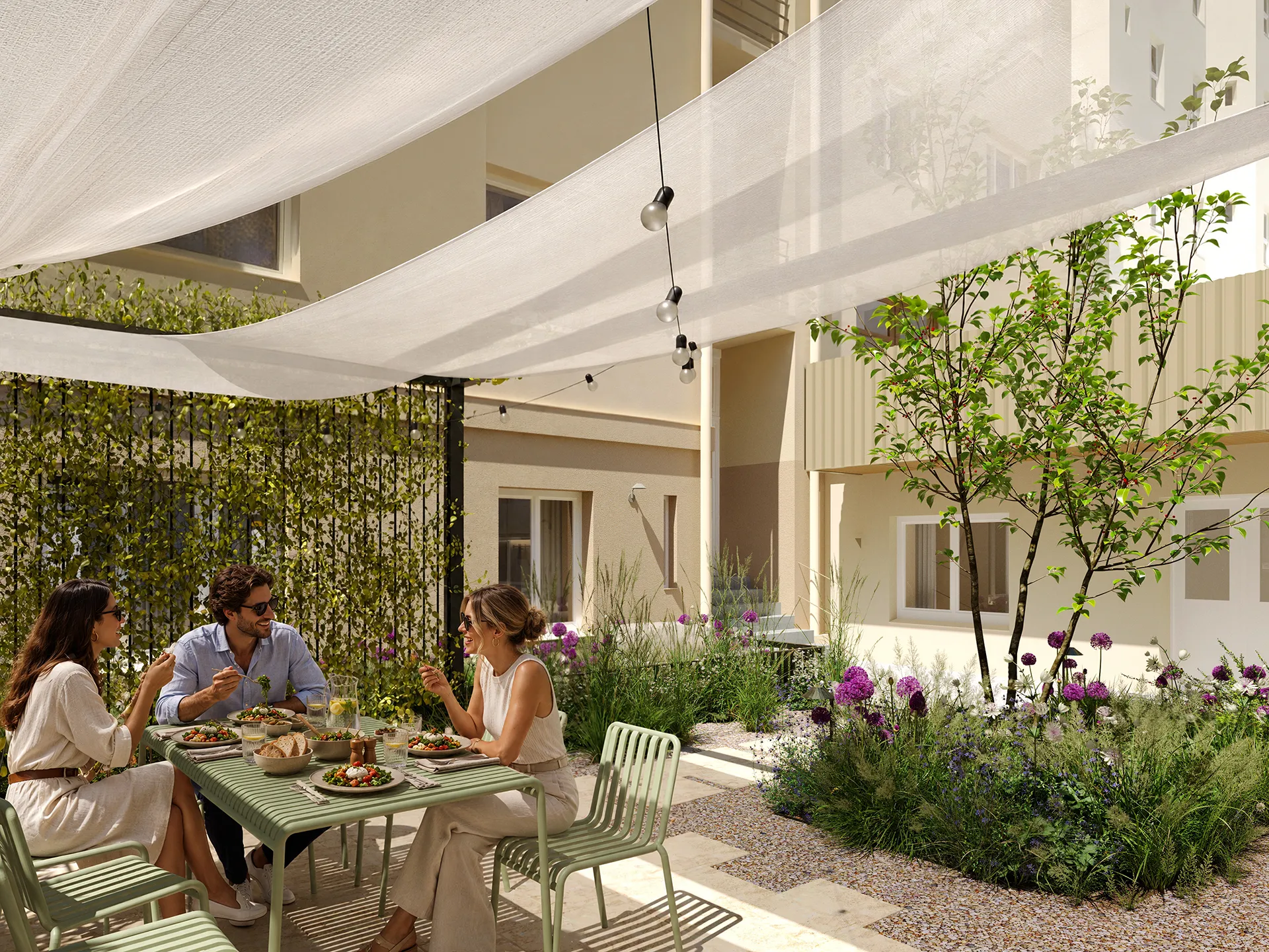 Lunch in the courtyard under the sail