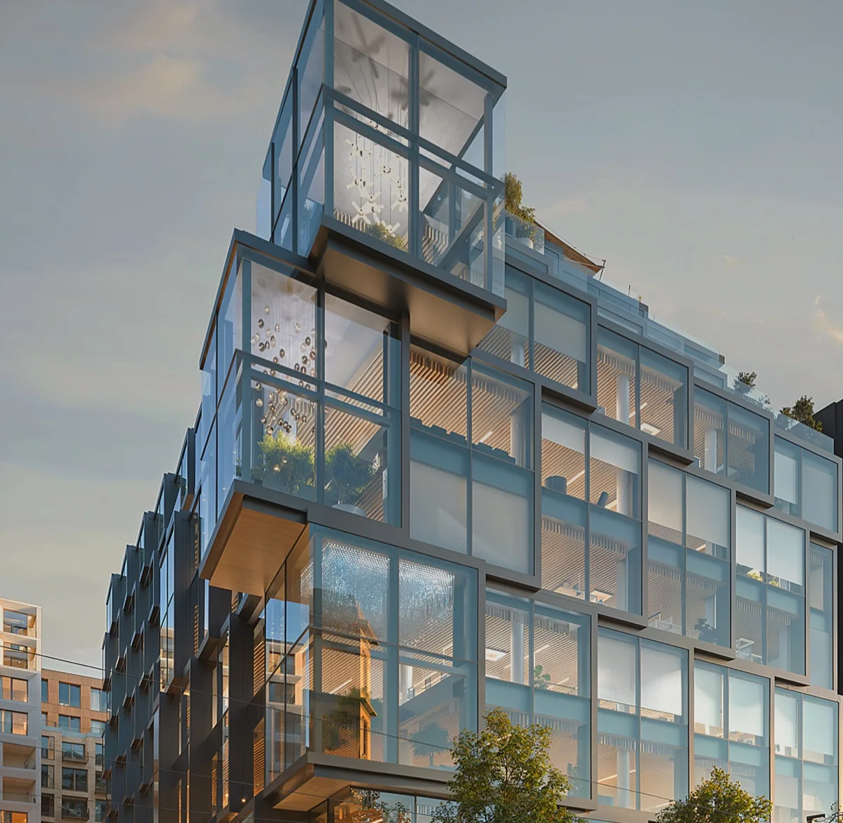 Vinohradská 8 visualisation: a glass-fronted corner building